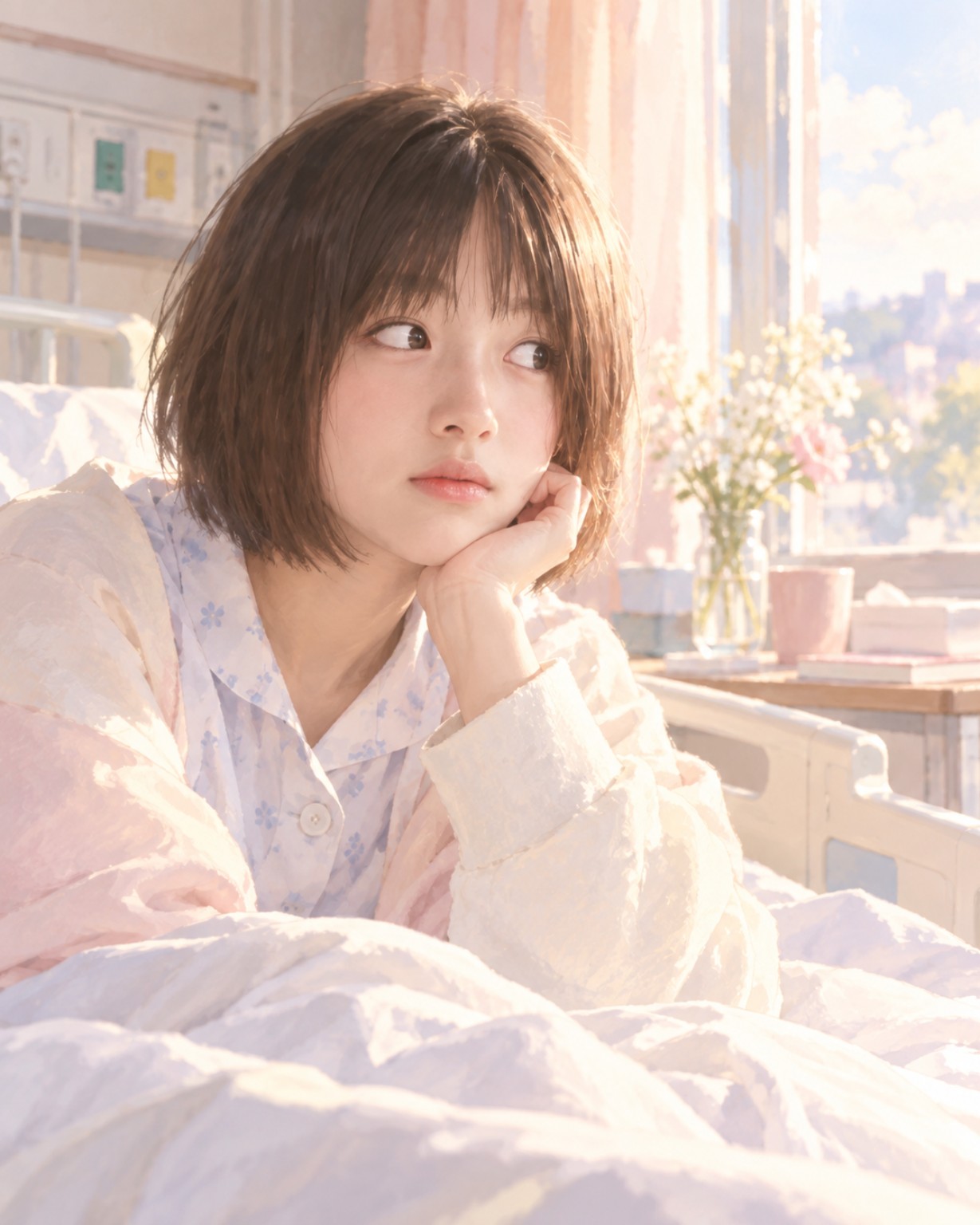 第0回用イラスト。病室のベッドで窓の外を見つめるふうかちゃんのイメージ